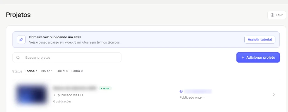 Página Projetos com o botão Adicionar projeto no canto direito