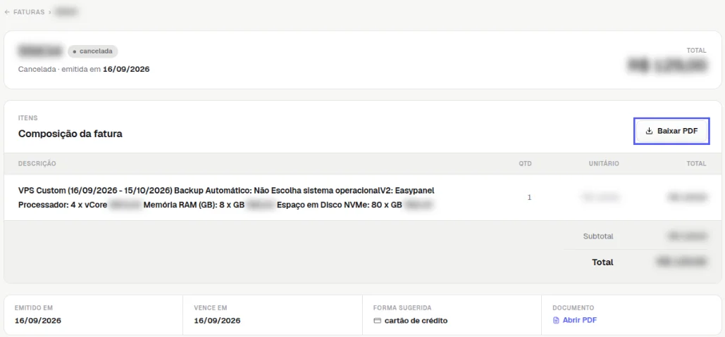 Detalhe da fatura com a composição dos itens e o botão Baixar PDF destacado