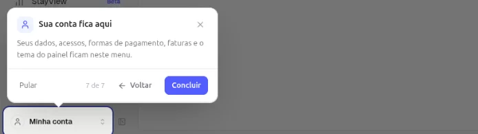 Passo 7 do tour, Sua conta fica aqui, com o botão Minha conta destacado e os botões Voltar e Concluir