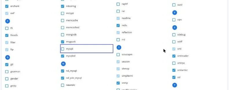 Aba Extensões do PHP Selector com a lista em ordem alfabética, a extensão mysqli desmarcada e destacada, e mysqlnd, nd_mysqli e nd_pdo_mysql marcadas