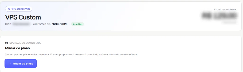 Aba Plano com o resumo do plano atual, o valor recorrente borrado e o quadro Upgrade ou downgrade com o botão Mudar de plano destacado