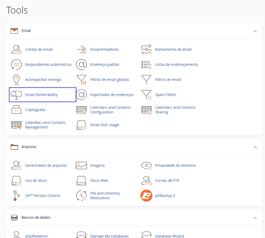 Bloco Email da tela inicial do cPanel com o ícone Email Deliverability destacado