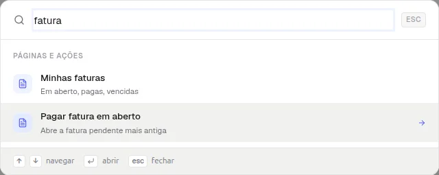 Busca rápida com o termo fatura e os resultados Minhas faturas e Pagar fatura em aberto