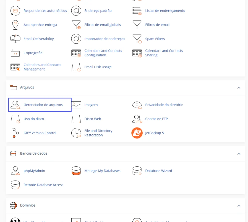 Bloco Arquivos da tela inicial do cPanel com o ícone Gerenciador de arquivos destacado