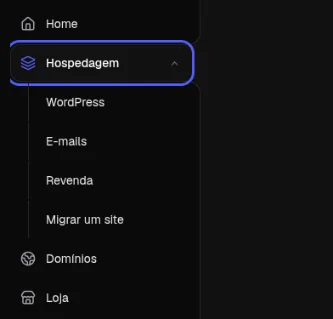 Menu da esquerda com o item Hospedagem destacado e os subitens WordPress, E-mails, Revenda e Migrar um site