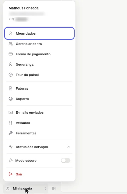 Menu Minha conta aberto com a opção Meus dados destacada