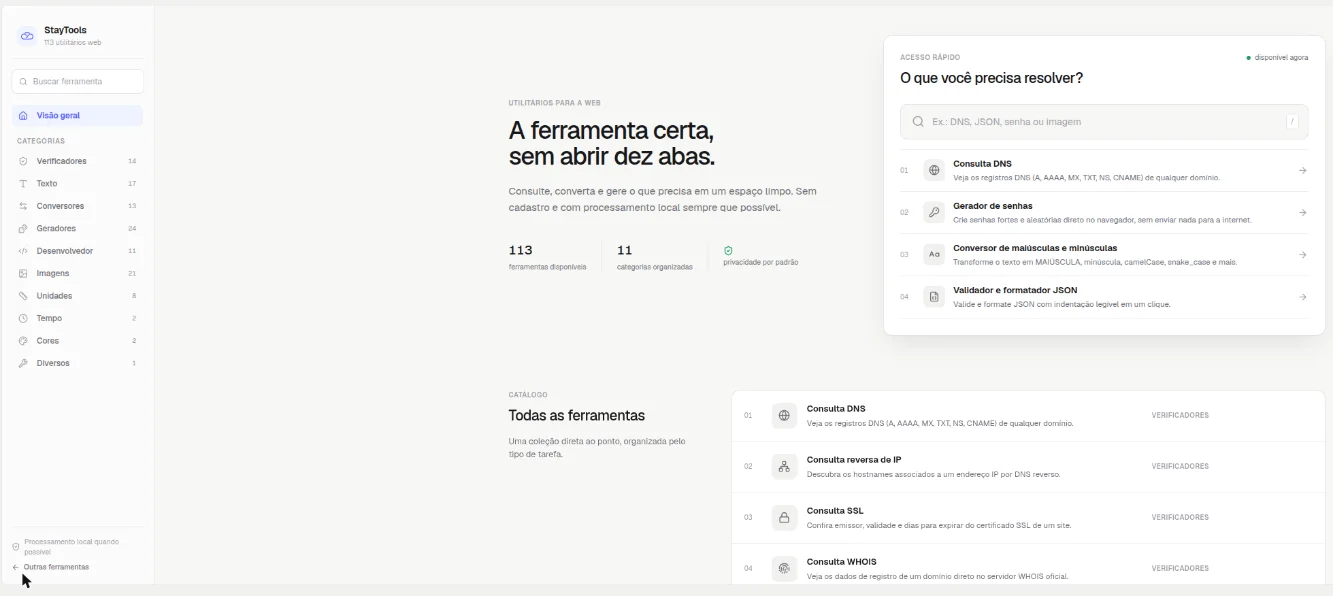 StayTools com a busca e as categorias à esquerda, o acesso rápido O que você precisa resolver e o catálogo Todas as ferramentas