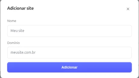 Janela Adicionar site com os campos Nome e Domínio e o botão Adicionar