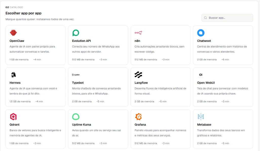 Catálogo Escolher app por app com os cards dos aplicativos