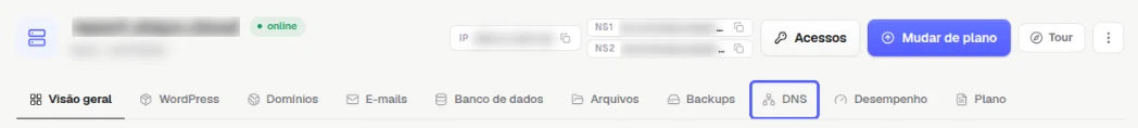 Fileira de abas da página do site com a aba DNS destacada