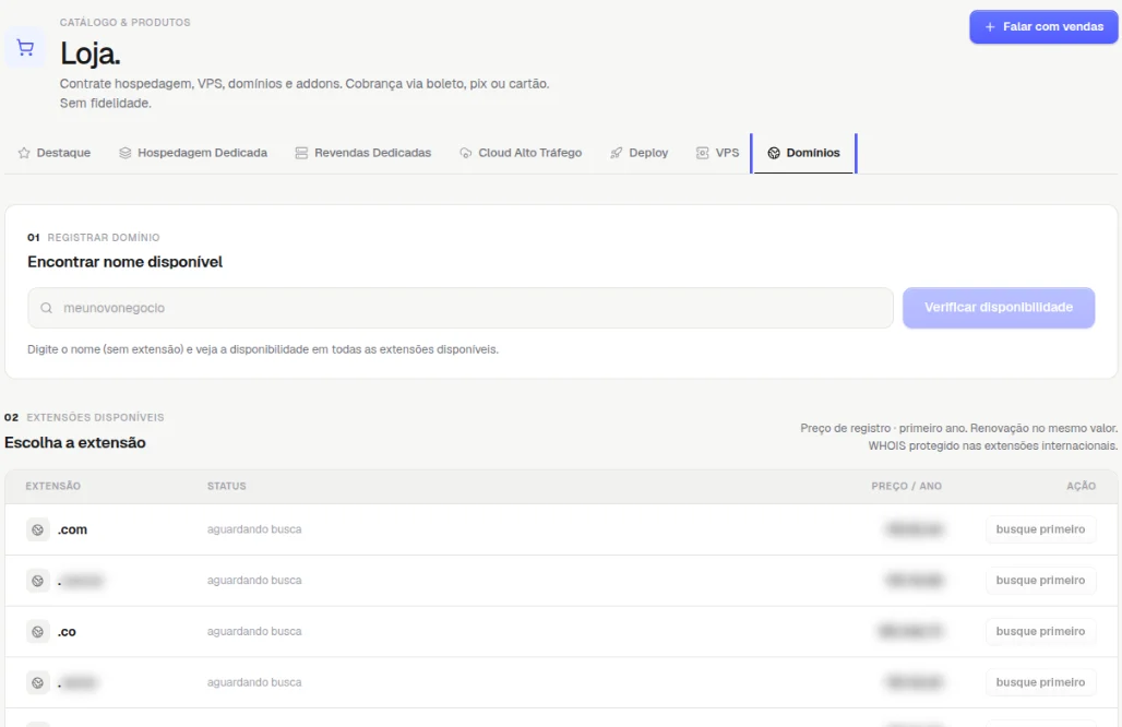 Aba Domínios da Loja com a busca Encontrar nome disponível e a lista de extensões