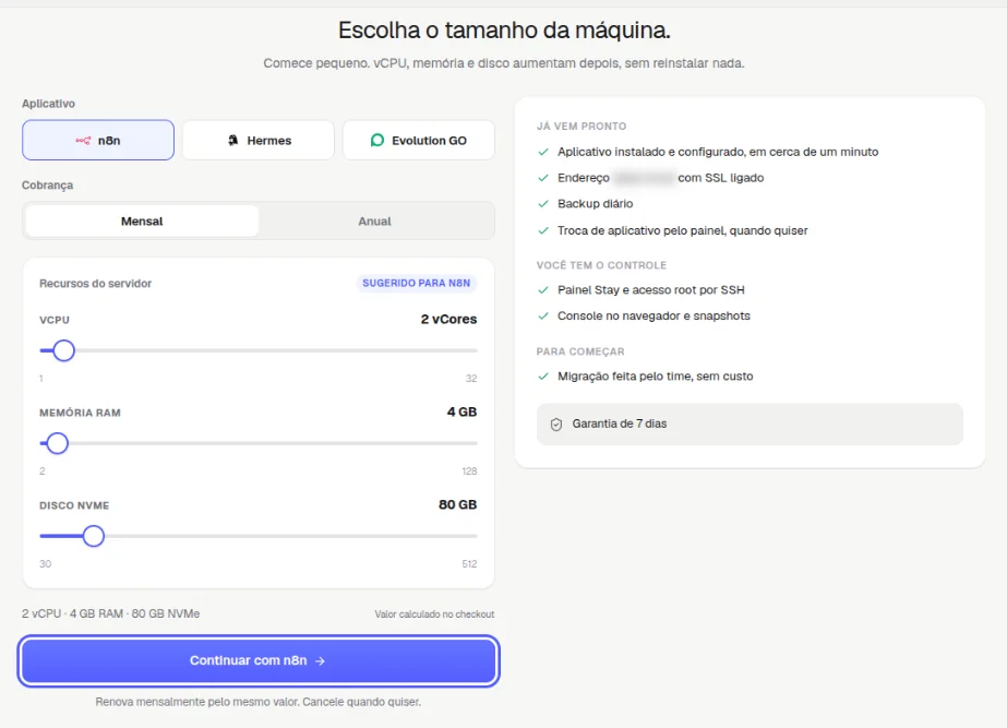 Quadro Já vem pronto, Você tem o controle e Para começar, ao lado da escolha do aplicativo, da cobrança mensal ou anual e dos recursos sugeridos para o n8n