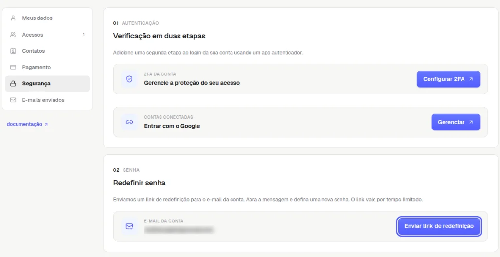 Seção Redefinir senha com o e-mail da conta e o botão Enviar link de redefinição destacado