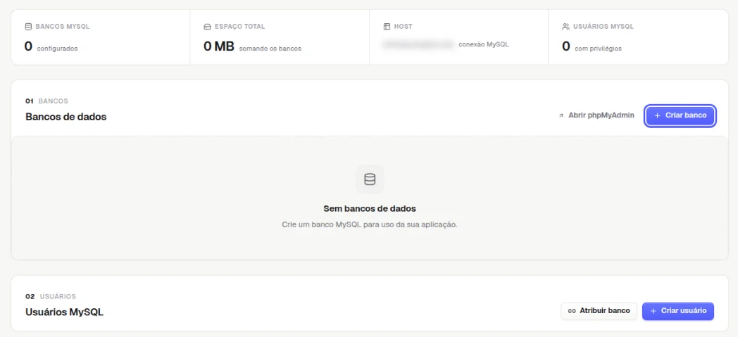 Aba Banco de dados com o resumo no topo, o bloco Bancos de dados vazio e o botão Criar banco destacado
