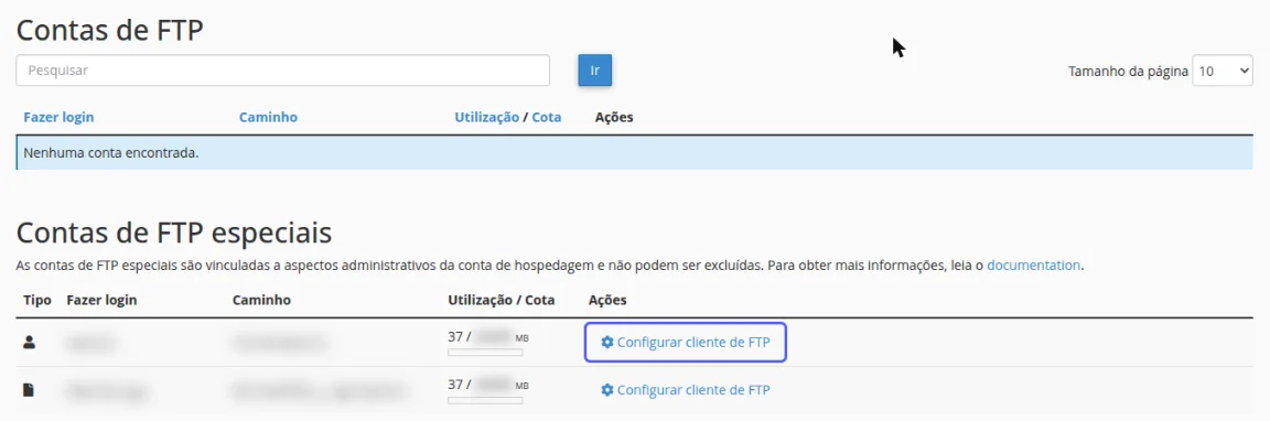 Lista Contas de FTP especiais com dados borrados e o link Configurar cliente de FTP destacado