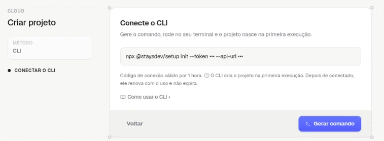 Etapa Conecte o CLI na criação de projeto, com o comando escondido e o botão Gerar comando