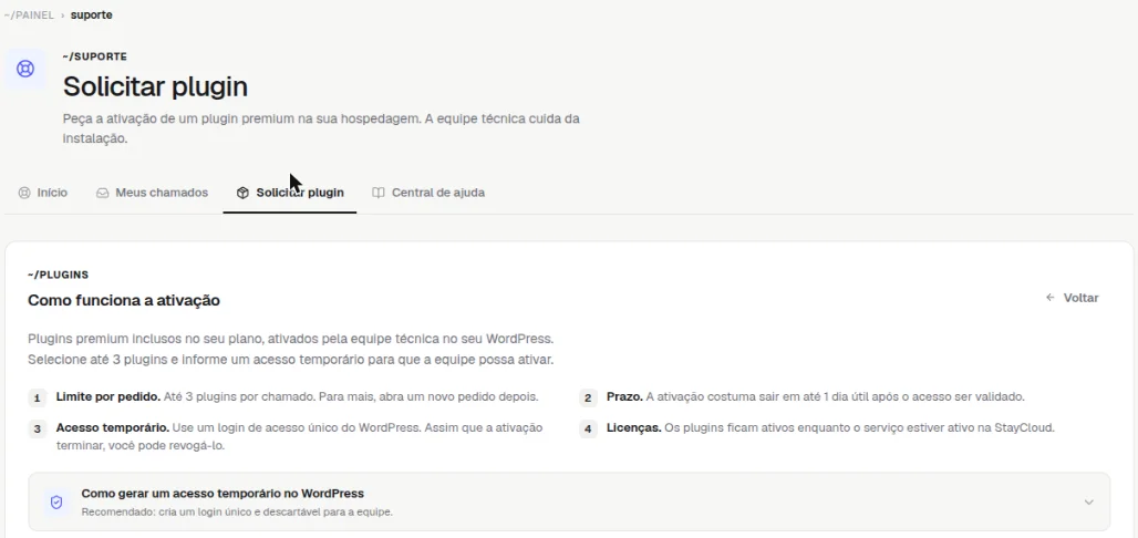 Página Solicitar plugin com Como funciona a ativação: limite de 3 plugins por pedido, prazo de 1 dia útil, acesso temporário e licenças