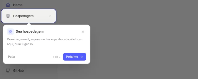 Passo 1 do tour, Sua hospedagem, com o item Hospedagem do menu destacado e os botões Pular e Próximo