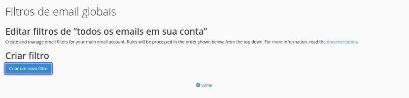Página Filtros de email globais com a seção Criar filtro e o botão Criar um novo filtro destacado