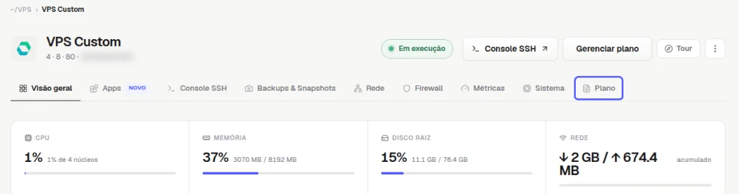 Abas da VPS com a aba Plano destacada