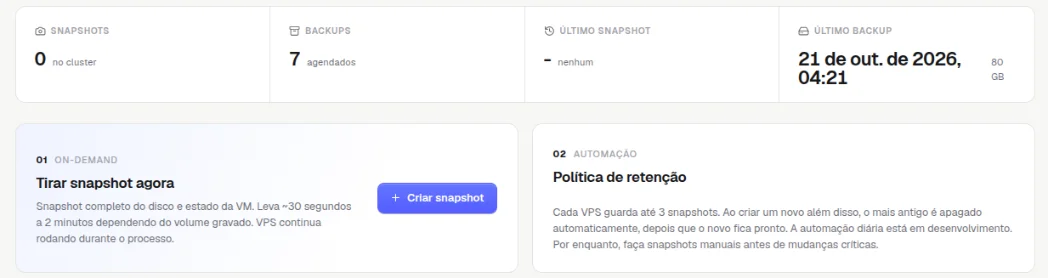 Aba Backups & Snapshots: o resumo com snapshots, backups, último snapshot e último backup, o quadro Tirar snapshot agora com o botão Criar snapshot e a Política de retenção