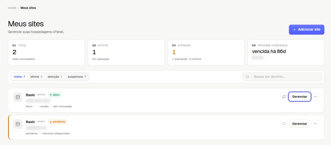 Lista Meus sites com o botão Gerenciar destacado no plano ativo