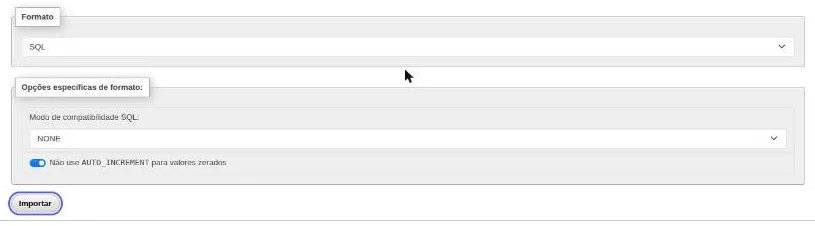 Fim da tela de importação com o formato SQL, as opções específicas de formato e o botão Importar destacado