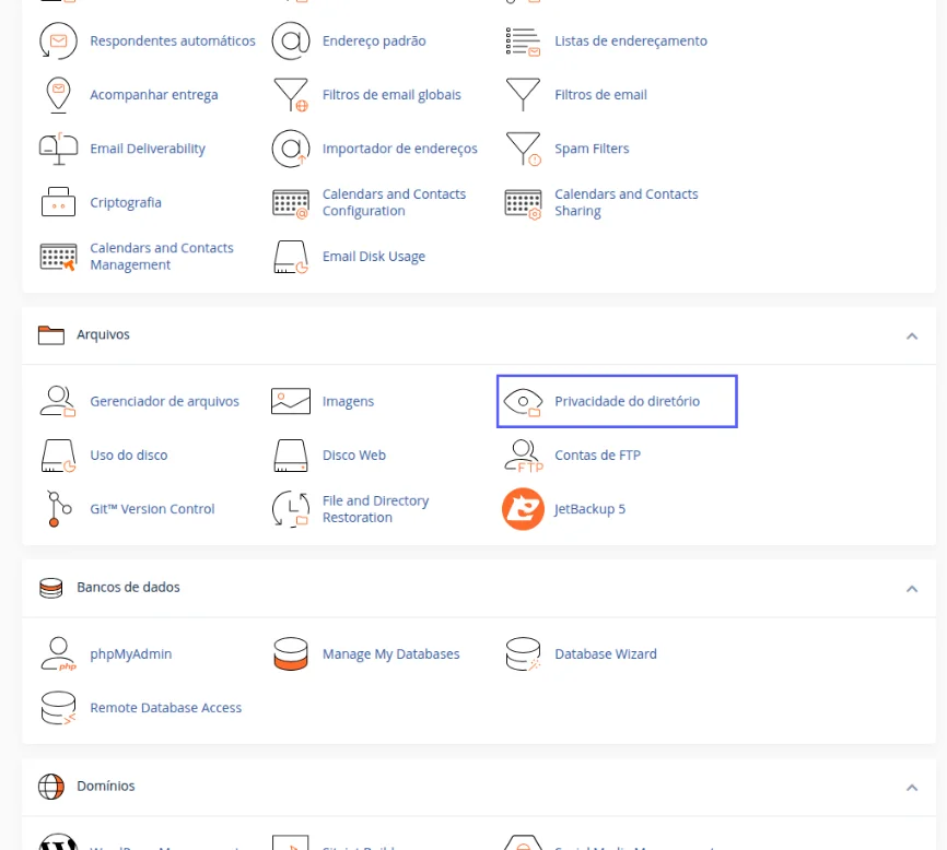 Bloco Arquivos da tela inicial do cPanel com o ícone Privacidade do diretório destacado