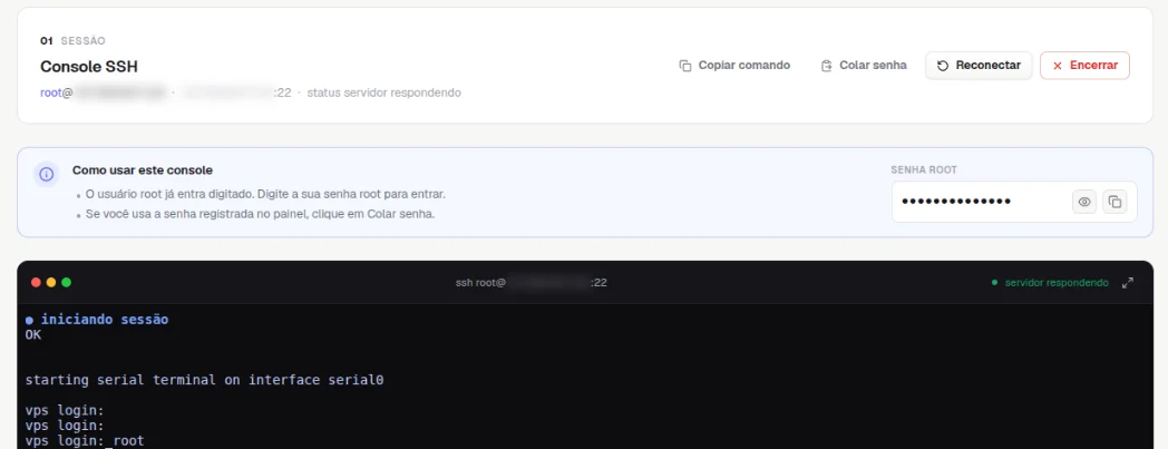 Console SSH no painel: o quadro da sessão com os botões Copiar comando, Colar senha, Reconectar e Encerrar, as instruções de uso, o campo Senha root e o terminal com o login root