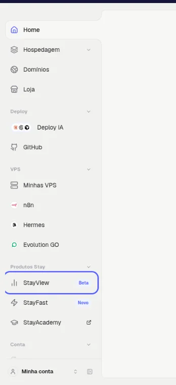 Menu da esquerda com o item StayView, marcado como Beta, destacado na seção Produtos Stay