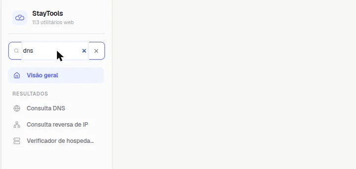 Busca do StayTools com o termo dns e os resultados Consulta DNS, Consulta reversa de IP e Verificador de hospedagem