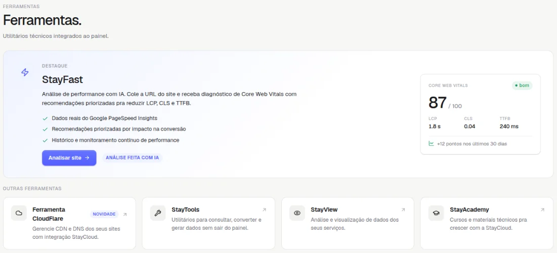 Página Ferramentas com o StayFast em destaque e os cartões Ferramenta CloudFlare, StayTools, StayView e StayAcademy