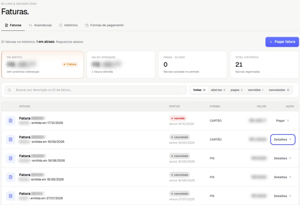 Lista de faturas com status, forma, valor e o link Detalhes destacado na coluna Ação