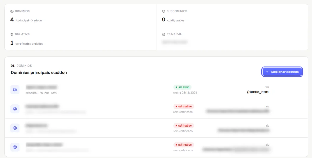 Aba Domínios com o resumo no topo, a lista de domínios borrados com status do SSL e pasta raiz, e o botão Adicionar domínio destacado