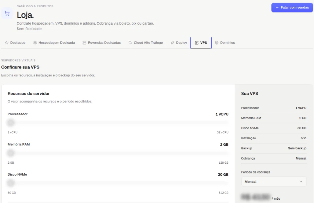 Aba VPS da Loja, em Configure sua VPS, com os controles de processador, memória e disco e o resumo Sua VPS ao lado