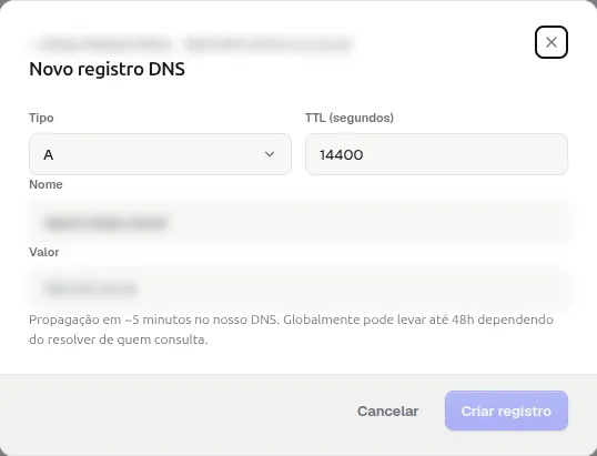 Janela Novo registro DNS com os campos Tipo, TTL em segundos com 14400, Nome e Valor borrados e o aviso de propagação em cerca de 5 minutos no DNS da StayCloud e até 48h globalmente