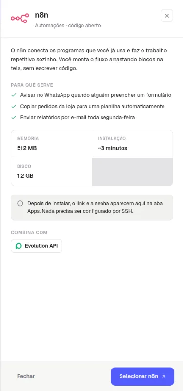 Janela de detalhes do n8n com o que ele faz, 512 MB de memória, cerca de 3 minutos de instalação, 1,2 GB de disco e o botão Selecionar n8n