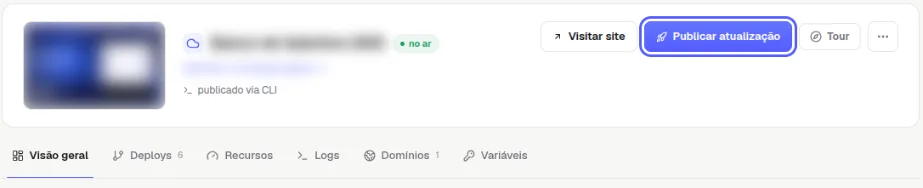 Topo da página do projeto com o botão Publicar atualização destacado, ao lado de Visitar site e Tour