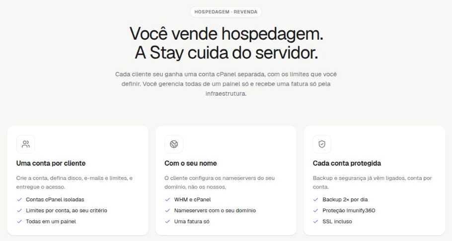 Topo da página Revenda com o título Você vende hospedagem, A Stay cuida do servidor, e os cartões Uma conta por cliente, Com o seu nome e Cada conta protegida